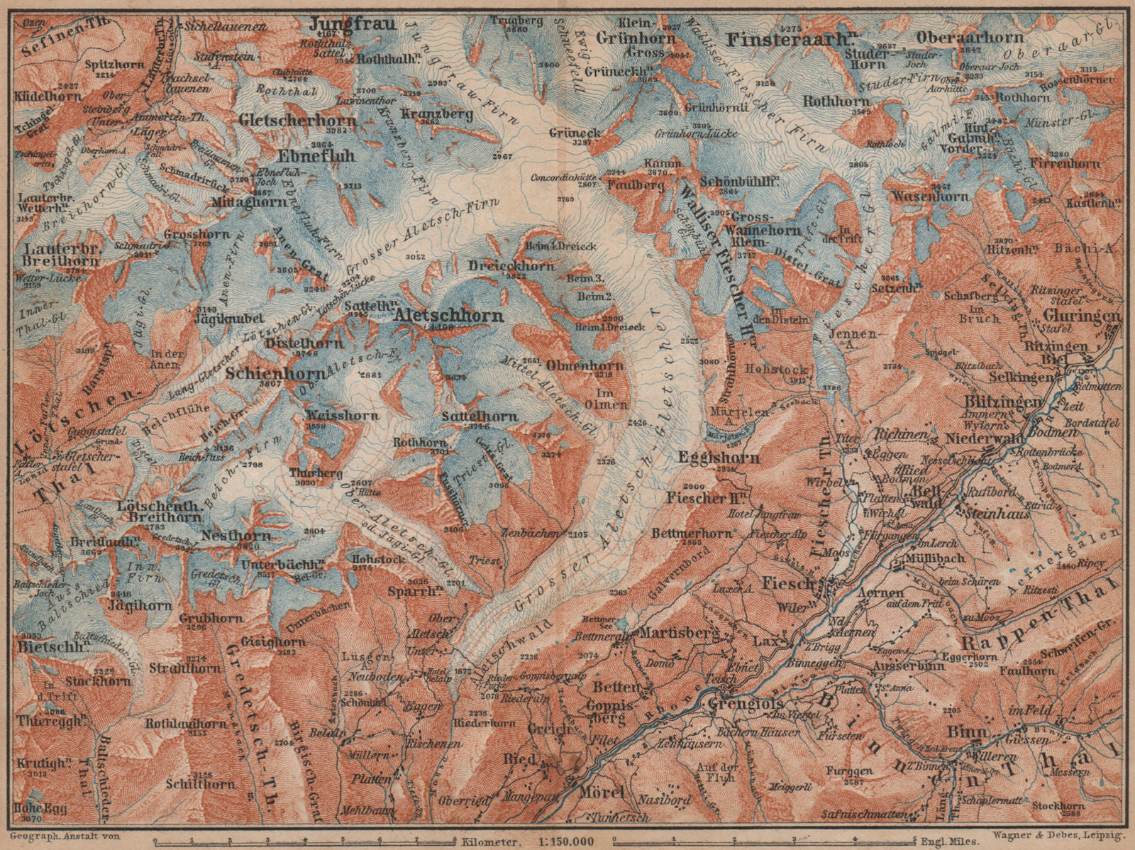 ALETSCHHORN DISTRICT. Fiesch Mörel Jungfrau Nesthorn Grengiols 1893 old map